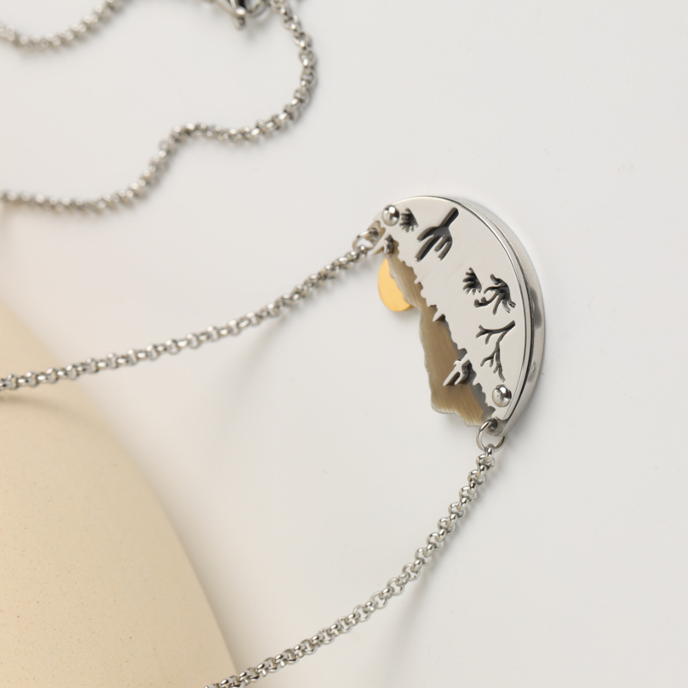 Simple Landscape Painting Sunset Mountain Pendant Stainless Steel Necklace