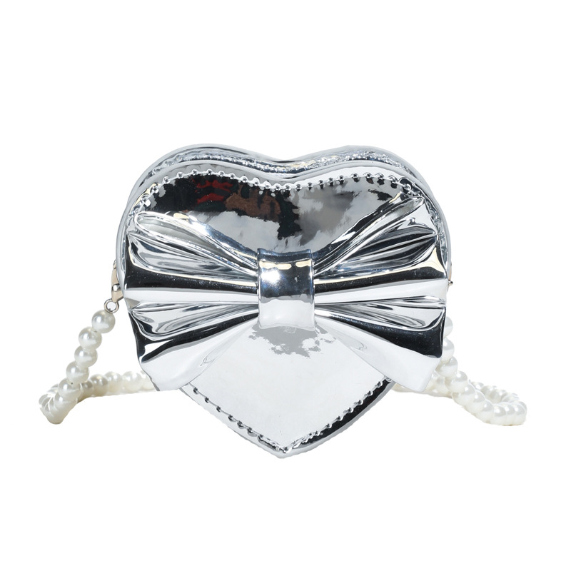 Bolso de hombro de niña brillante láser de moda Mini love bowknot bandolera de bebé bolso de cadena de perlas para niños