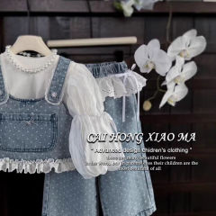 韓国系の女の子の春の3つのセットの新型の女の子のセットの子供の洋気の赤ちゃんの甘いデニムの馬甲の潮