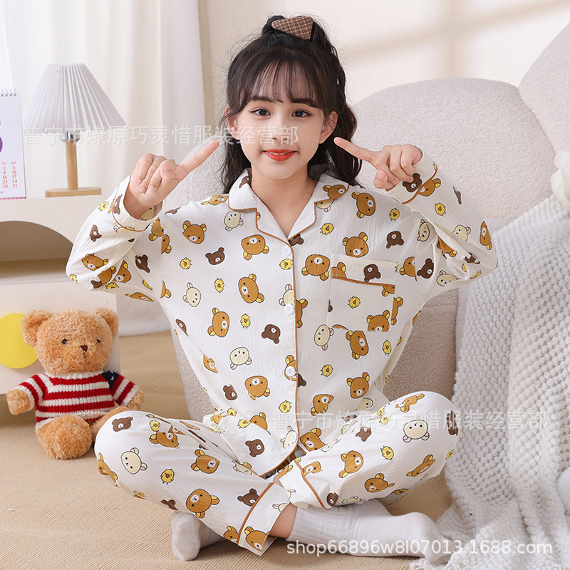 Pijama de niñas primavera y otoño dibujos animados tela espuma de tela delgada manga larga lindo ropa para niños de tamaño medio y grande ropa para el hogar