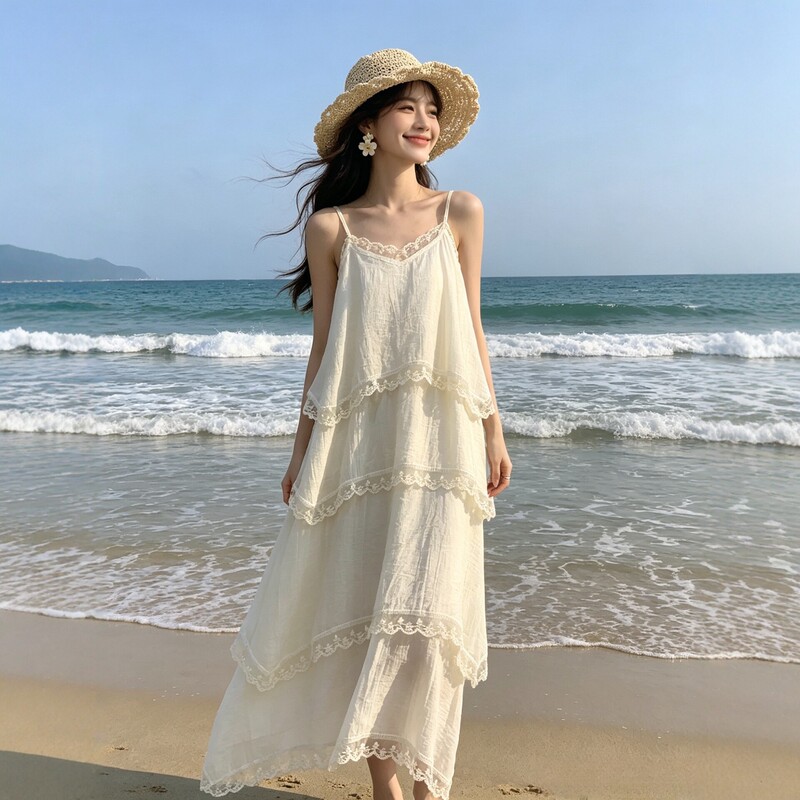 French-style resort dress with straps, new summer lace patchwork slimming long dress, gentle and elegant seaside outfit French-style resort dress with straps, new summer lace patchwork slimming long dress, gentle and elegant seaside outfit