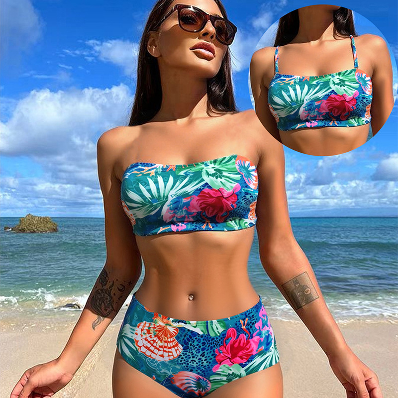 European and American New Style Swimwear Cross-Border Sexy Bikini Printed Women's Two-Piece Swimsuit with Detachable Shoulder Straps European and American New Style Swimwear Cross-Border Sexy Bikini Printed Women's Two-Piece Swimsuit with Detachable Shoulder Straps