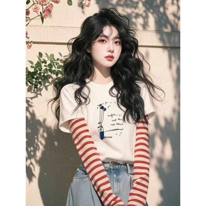 白色纯棉假两件条纹长袖T恤女2025秋季新款设计感宽松短款上衣|undefined