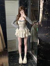 新款春季开衫甜辣碎花修身两件套温柔英伦风纯欲套装吊带连衣裙女