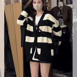 韩国东大门秋装新款休闲宽松慵懒条纹毛衣外套中长款针织开衫