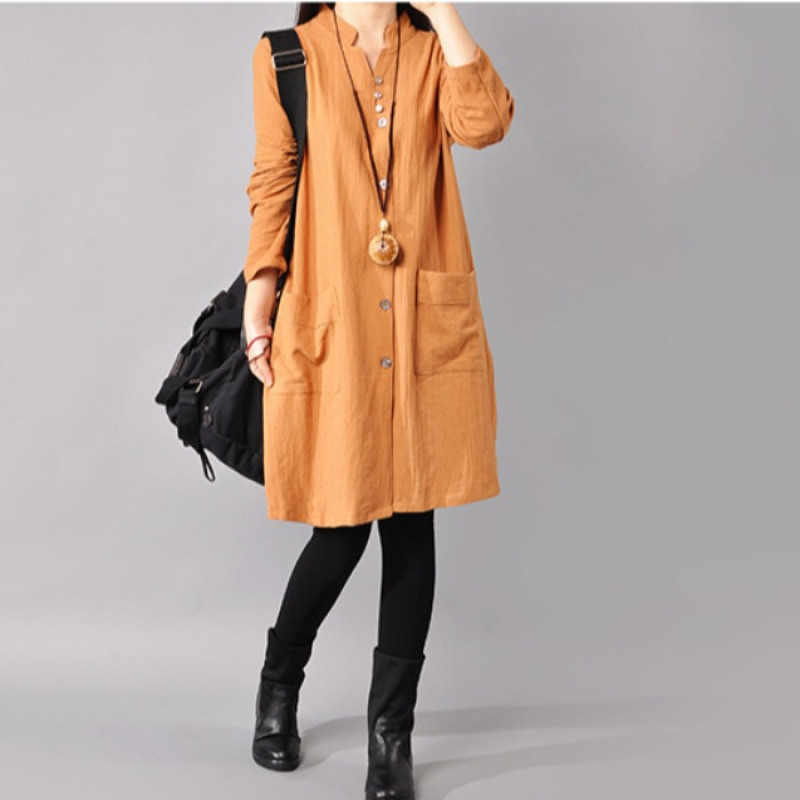 春季新款韩版大码女装棉麻长袖宽松打底连衣裙衬衫中裙