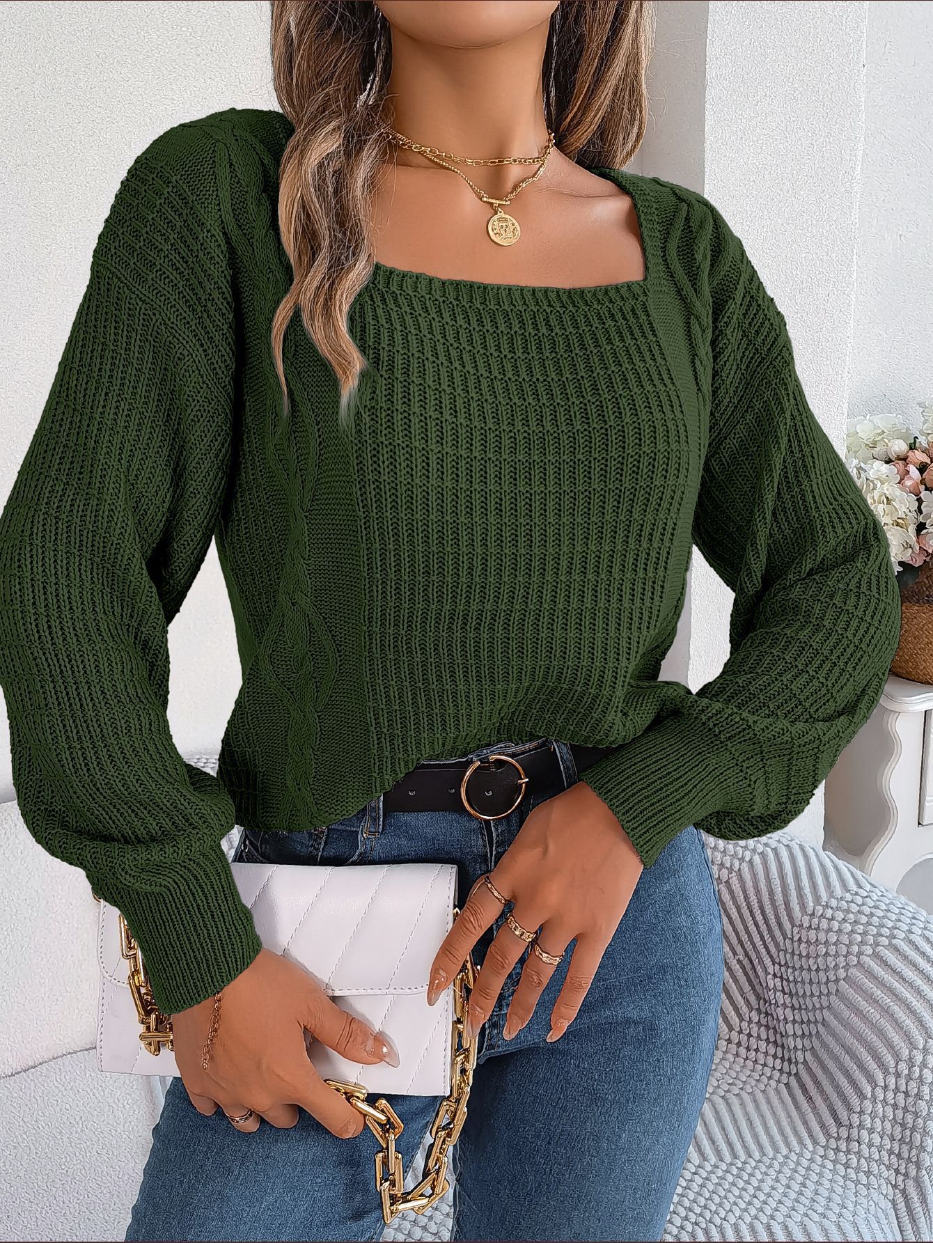 420g Weight Long Sleeve Sleeve Length Pullovers Placket Type Regular Sleeve Sleeve Type Polyacrylonitrile Fiber Fabric Type Regular Top Length Sweater Tops Type Holiday, Daily Occasion Square Neck Neckline Loose Fit Type Plaid, Solid Color Pattern Winter, Autumn Season Women's Gender Streetwear Style Wholesale Women's Streetwear Plaid Solid Color Long Sleeve Sweaters & Cardigans 11