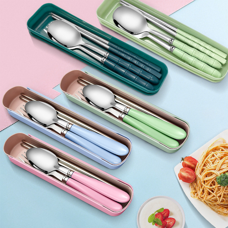 Stainless Steel Portable Tableware Fork Spoon Chopsticks Three-piece Set Student Portable Travel Kitchen Storage Box Bamboo Handle Tableware suit