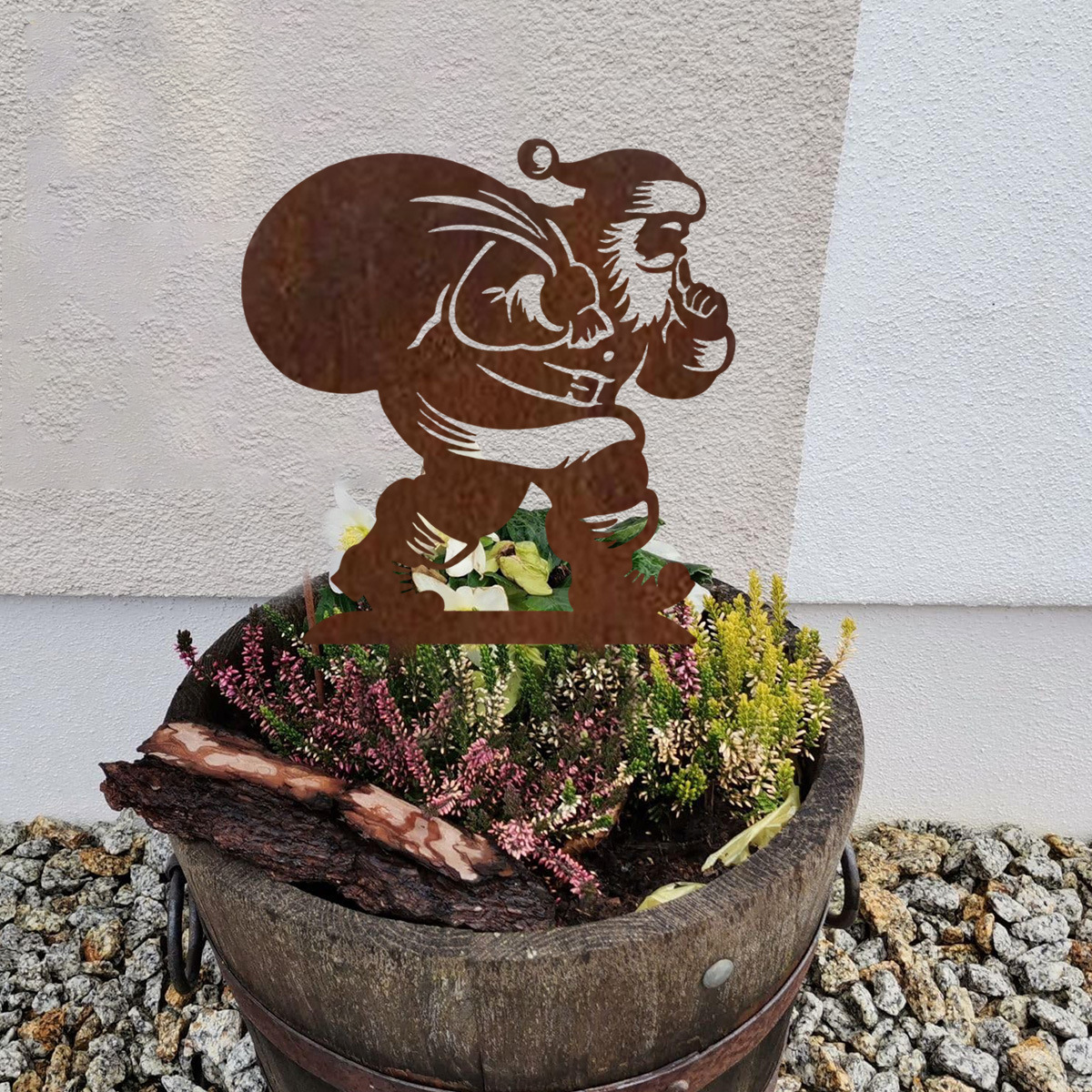户外自然生锈的圣诞老人背背包园艺装饰地插 ，铁艺做旧剪影