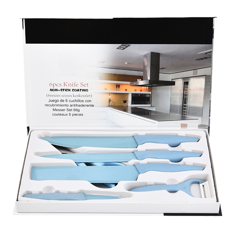 Venta al por mayor en stock cuchillo de acero inoxidable mango de cola de milano azul cuchillo de seis piezas conjunto cuchillo de chef tijeras cuchillo de cocina conjunto