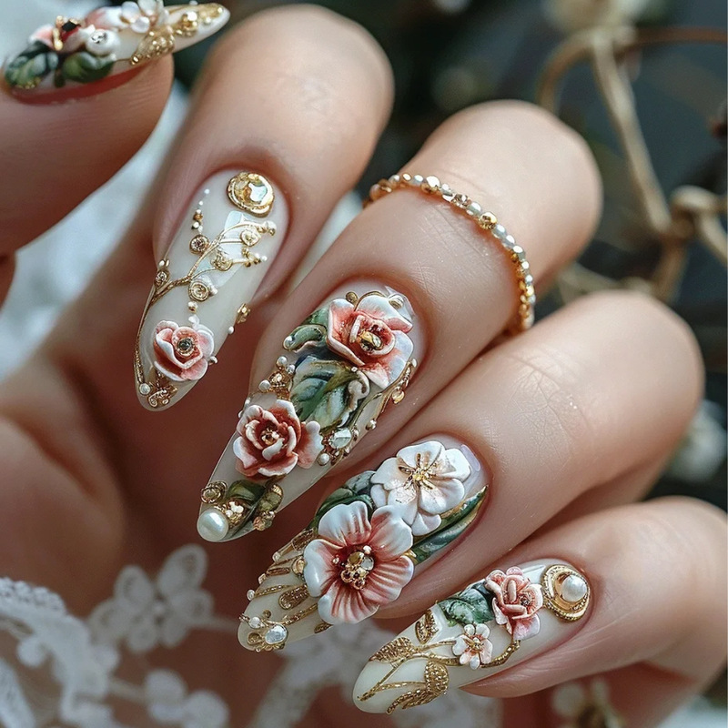 WM-226 Fanghua Peony False Nails National Style Flowers Luxury Elegant 24 Pieces Wearing Nail Pieces Wholesale