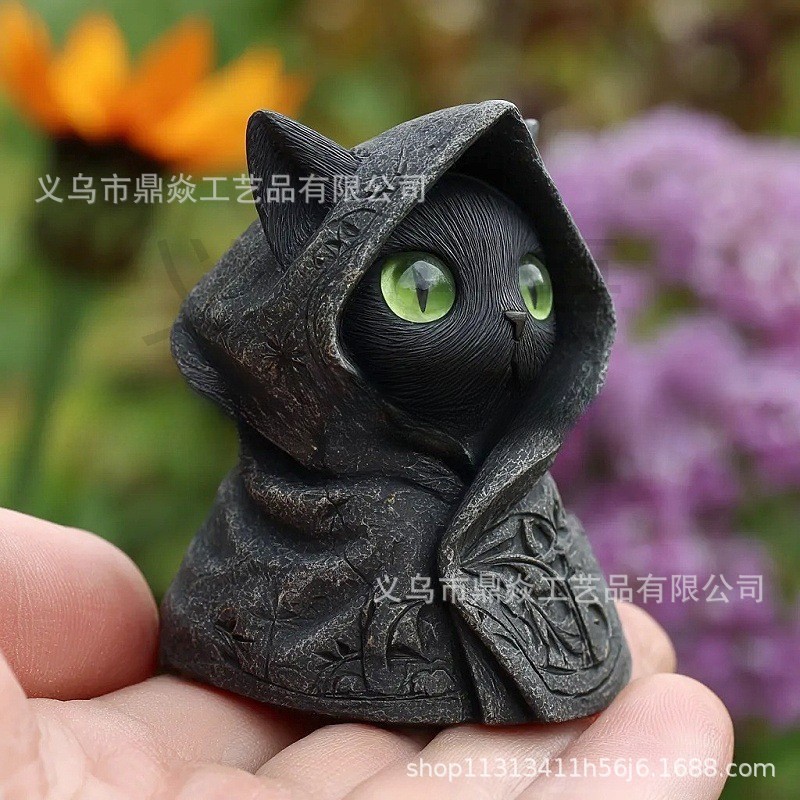 跨境新品Mysterious Hooded Cat Fiqurine身披斗篷哥特式黑猫雕像|undefined