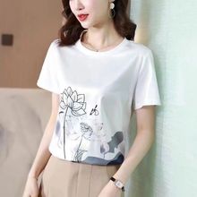 夏季时尚圆领短袖女显瘦气质百搭显瘦缎面拼接短袖修身显瘦