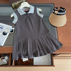 夏季運動背心裙洋氣女童翻領無袖百褶連衣裙寶寶可愛休閒POLO裙子