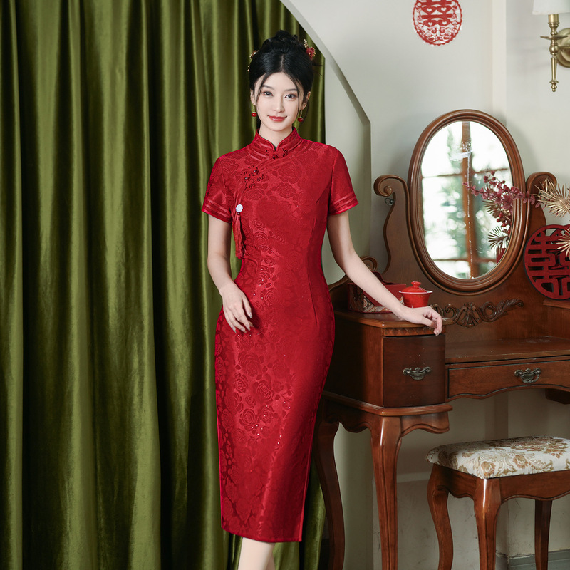 Wedding Dress 2024 Summer New Lace Wine Red Cheongsam Back to Mother's Family Slim Slim Fit Improved Cheongsam Engagement Wedding Dress 2024 Summer New Lace Wine Red Cheongsam Back to Mother's Family Slim Slim Fit Improved Cheongsam Engagement