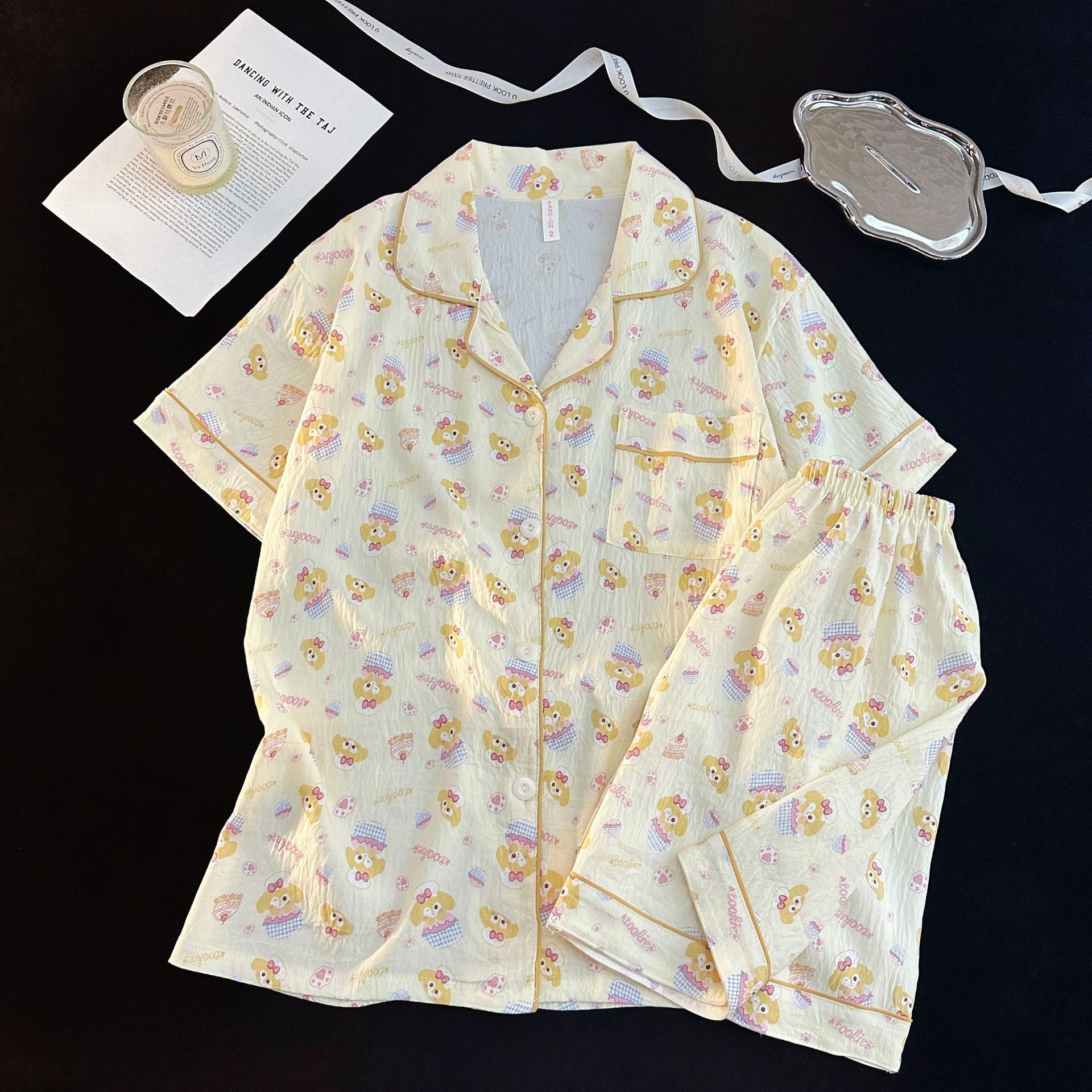 Comercio exterior de Vietnam verano nuevo estilo nube rebeca de algodón solapa dulce pijama de dibujos animados pantalones cortos de manga corta traje de servicio a domicilio para mujer