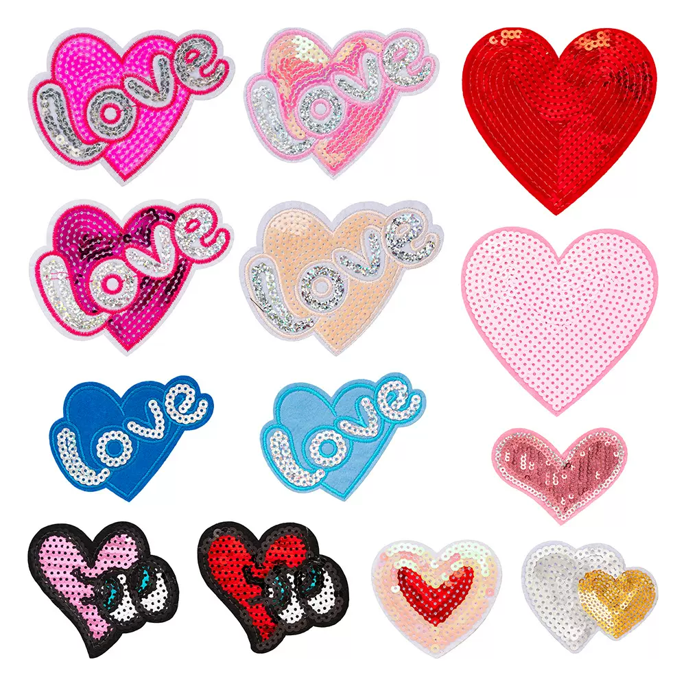LOVE字母爱心跨境新款亮片心形桃心刺绣布贴背胶服饰贴布徽章补丁
