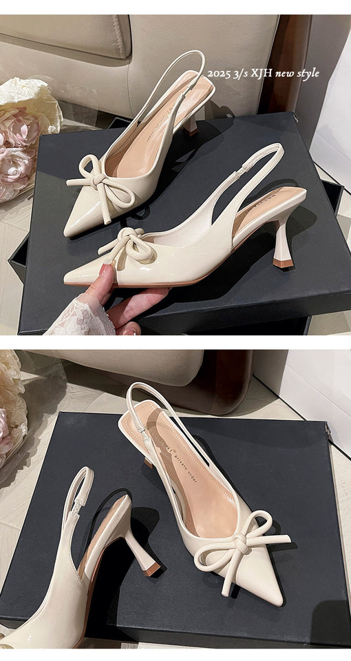 Giày cao gót nữ mũi nhọn gót mảnh quai ngang thắt nơ, sandal bít mũi gót 6–8 cm — Màu trắng be, Màu đen, Màu đỏ rượu chi tiết 14