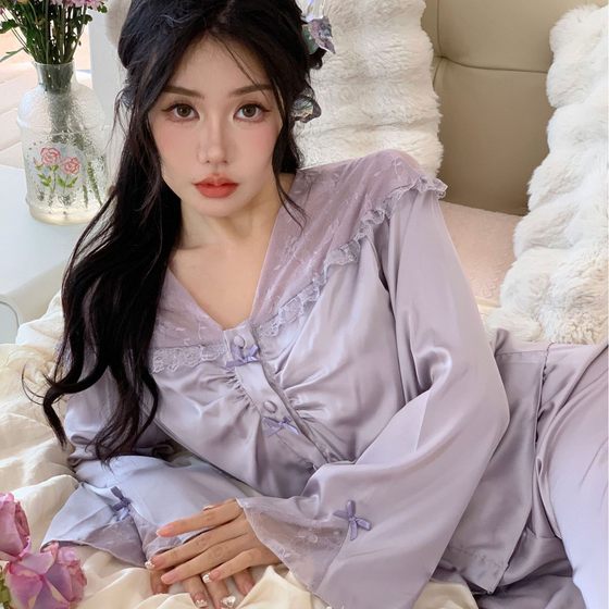Pajamas Long-sleeved Women's Satin Ice Silk Thin French Style Sweet Girl Lace Stitching Home Clothes Women's suit Ruffles