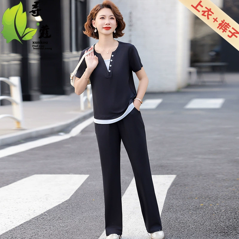 Модный повседневный костюм для женщин среднего и пожилого возраста, облегающий комплект из двух предметов, летняя одежда для женщин среднего возраста.
