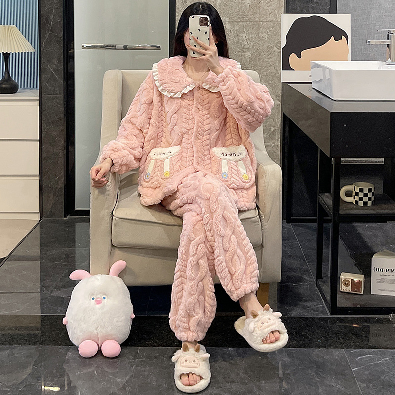 秋冬季珊瑚绒睡衣女款大码加厚保暖法兰绒可外穿春粉红家居服套装|undefined