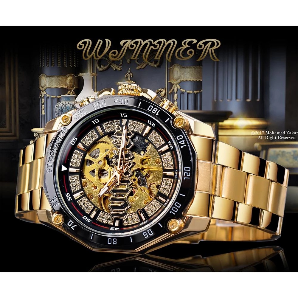 Winner high-end men's fully automatic mechanical watch stra, diamond hollowed out dial, gold stainless steel watch_voghion.com