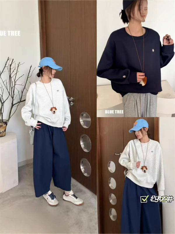 012 A BLUE TREE慵懒风圆领卫衣女秋季新款薄款宽松韩版oversize|undefined