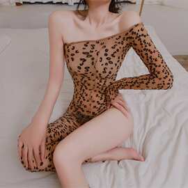 情趣内衣紧身性感气质露肩腿连身袜纯欲不规则野性豹纹网衣欧美
