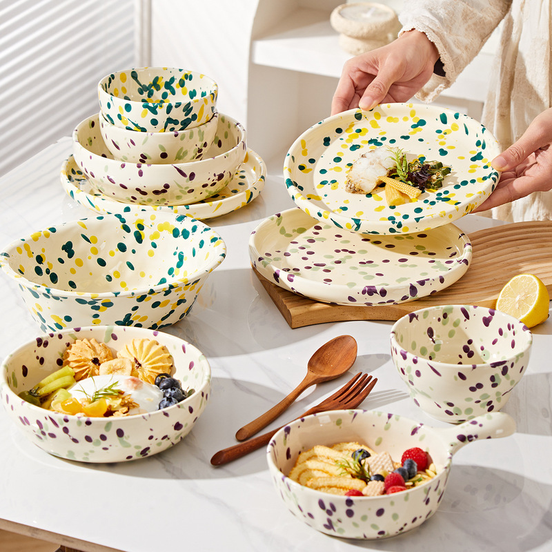 Splash-Ink Yogurt Bowl Tableware Brunch Light Food Bowl Dessert Bowl Household Tableware High-End Soup Bowl Bowl and Plate Set