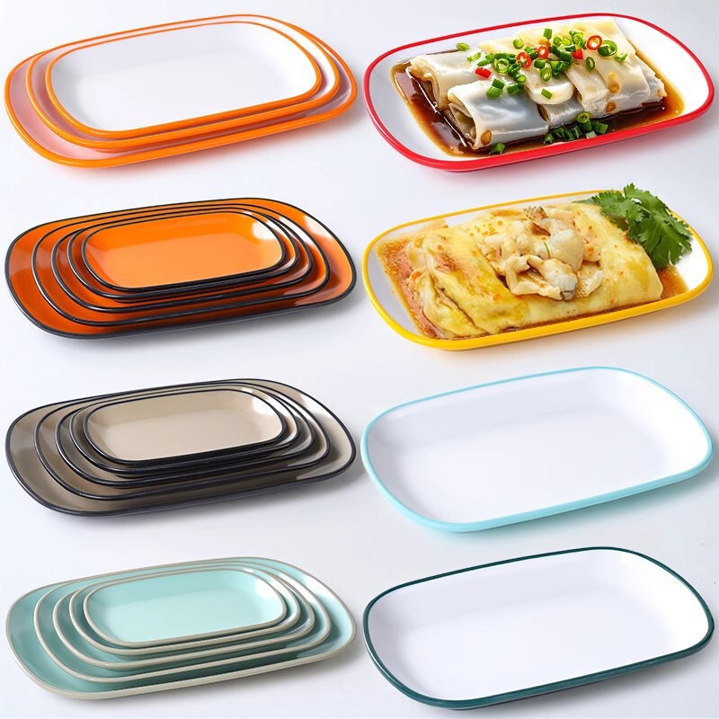 Melamine Stone-Grinded Sausage Rice Plate Rectangular Beef Side Dish Plastic Hot Pot Restaurant Barbecue Cold Dish Snack Plate Two-Color