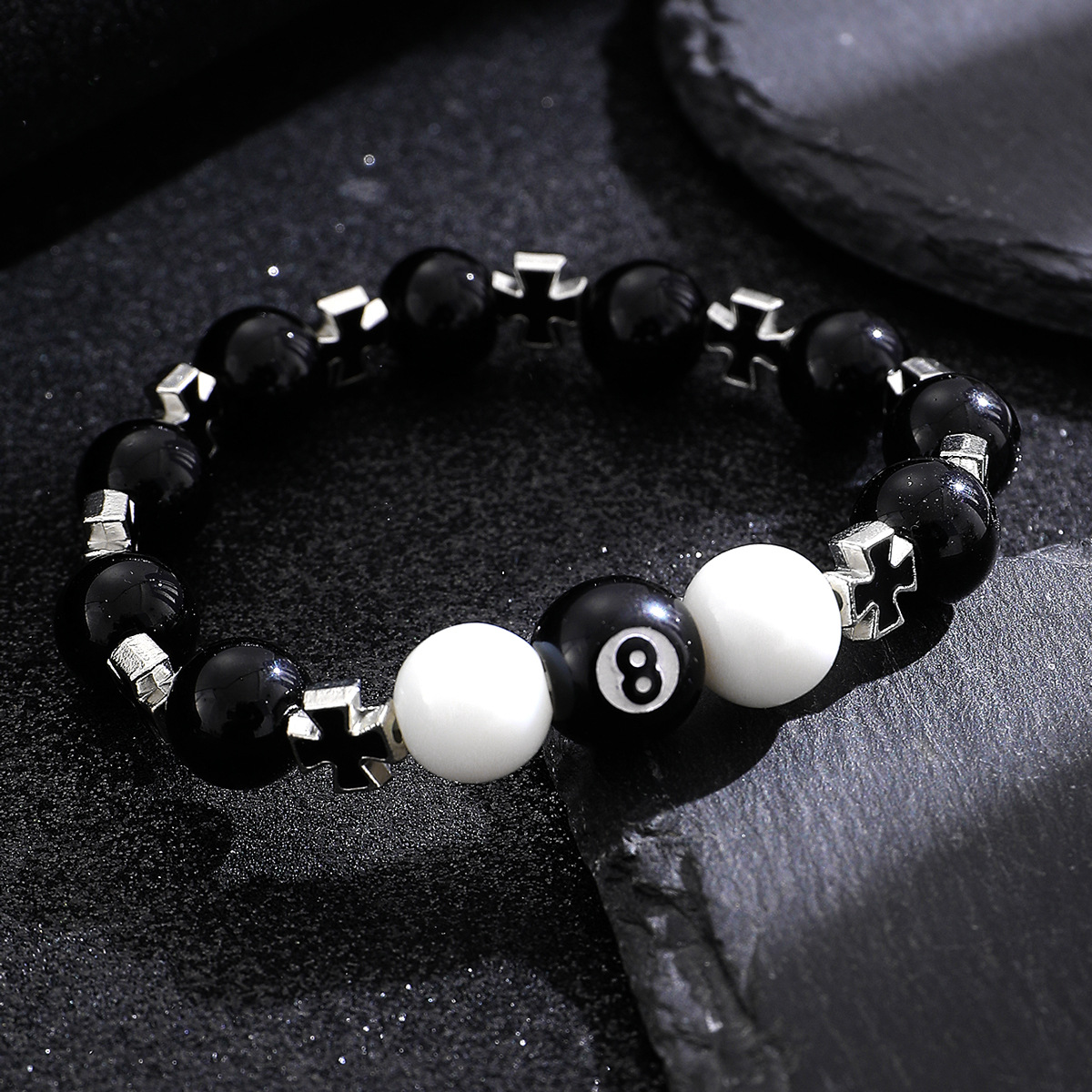 Obsidian Cross Beaded Bracelet Chinese Style Black Eight Charm_voghion.com