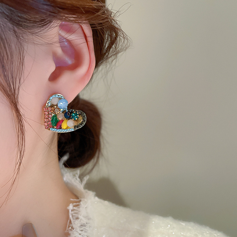 Cute Heart Shape Copper Plating Rhinestones Earrings 1 Pair