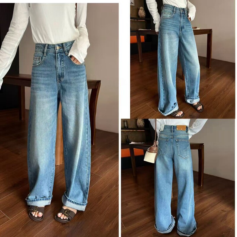 Rivet Leather Patch Jeans, Vintage Washed Loose Straight-Leg Pants for Women, Spring and Summer New Versatile Casual Pants
