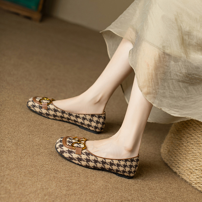 Retro-Mokassins für Damen mit Karomuster, eckiger Zehenpartie, Schnürung, Metallschnalle, zum Hineinschlüpfen, weiche Sohle, niedriger Schaft, Herbst_voghion.com
