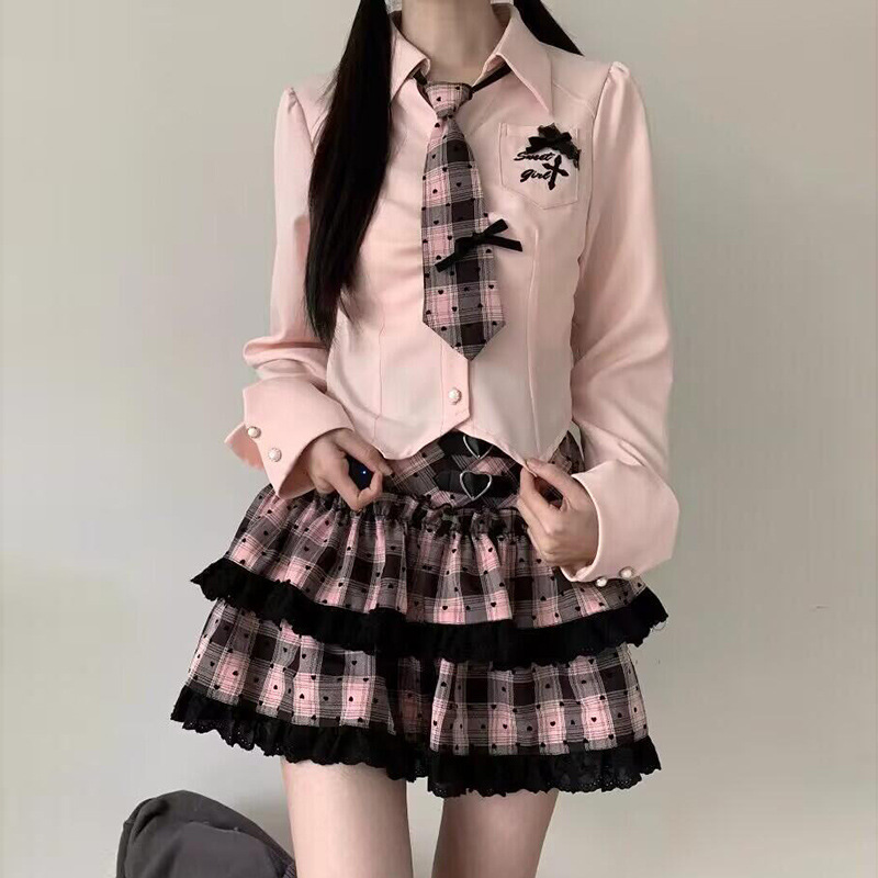 学院风套装女春秋季粉色修身长袖上衣蕾丝拼接格子半身短裙两件套|undefined