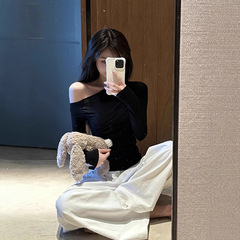MosesQueen魔西女王黑色斜肩长袖t恤修身显瘦内搭打底衫露肩上衣