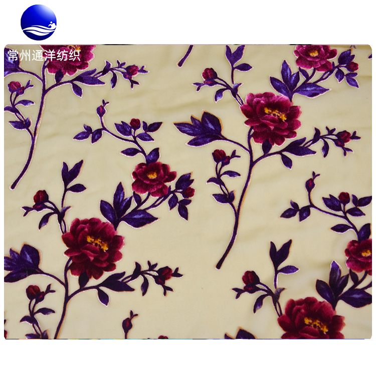 远销欧美的梭织丝绒女装面料烂花烧花锦粘绒厂家供应
