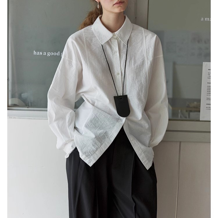 后背风景 设计感后背系扣蝙蝠袖衬衫女肌理感通勤翻领长袖衬衣