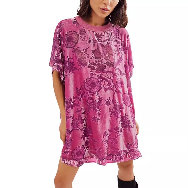 Amazon 2024 Women Fashion Vintage Velvet dress Round Neck Short Sleeve Floral Print Mini Elegant