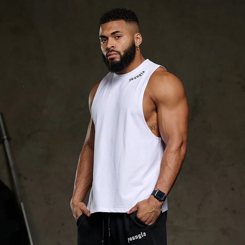 YOUNGLA Men's Cotton Round Neck Printed Sleeveless T-Shirt Muscle Sports Fitness Tank Top Vest