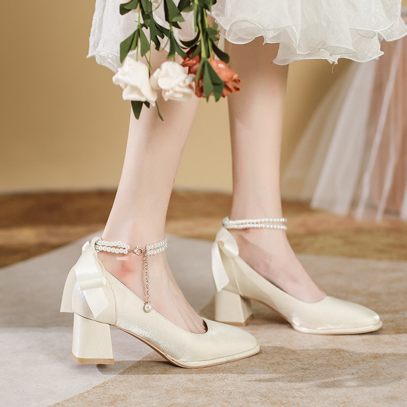 C501-31 Thick Heel Square Toe Bow Fairy High Heels 2026 New Wedding Shoes Bridal Shoes Large Size 40-43
