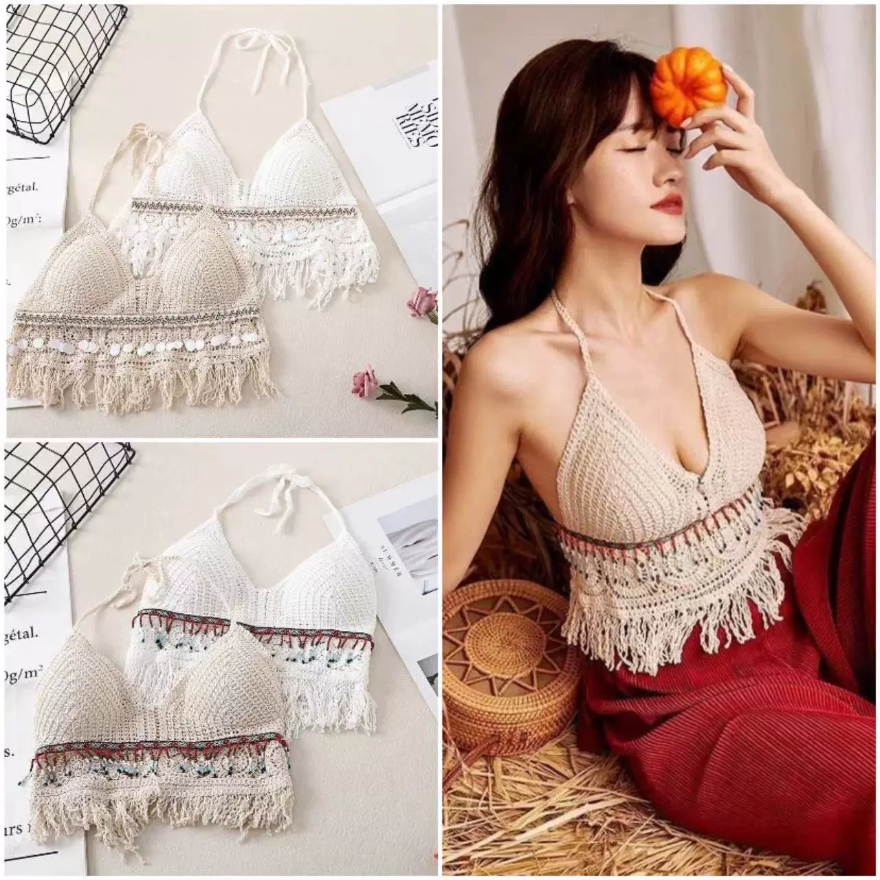 针织沙滩流苏钩花背心复古挂脖裹胸上衣百搭性感显胸吊带背心女夏