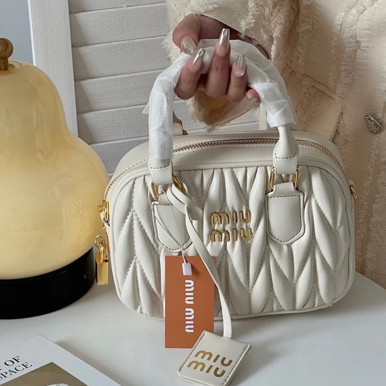 Miu Miu Pleated Lockable Bowling Bag Boston Style Handbag for Young Ladies, Shoulder and Crossbody Women's Bag