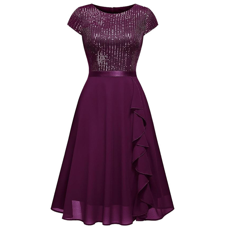 Amazon Aliexpress Spring and Autumn Round Neck Short Sleeve Sequin Slimming Flared Bridesmaid Dress Party Prom Mini Dress European and American Style