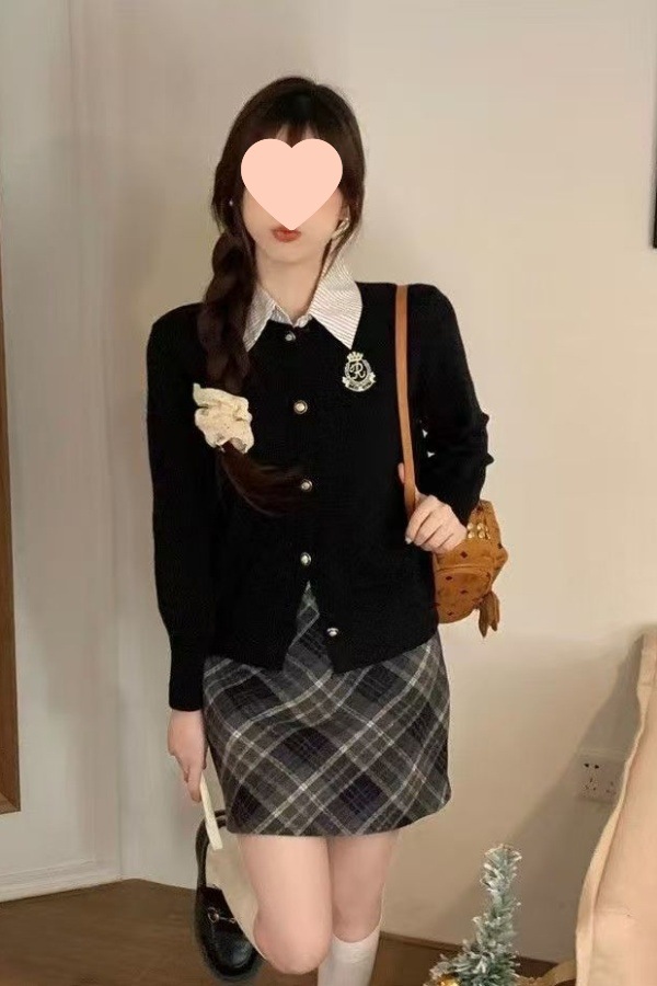 College Style Autumn and Winter Holiday Two-Piece Knitwear Plaid Skirt Hip-Covering Skirt Suit Cardigan Knitwear Two-Piece Set for Women