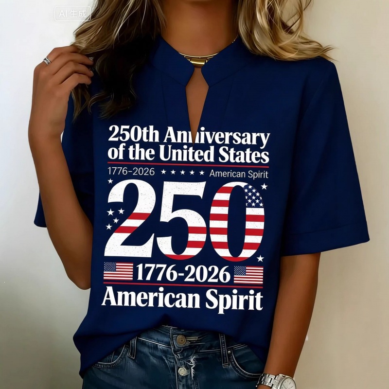 新款跨境女装美国周年印花T恤短袖独立日纪念短袖上衣T恤欧美女装