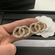 小香23新款珍珠鑲鑽雙c耳釘小米鑽長方鑽復古香家耳環