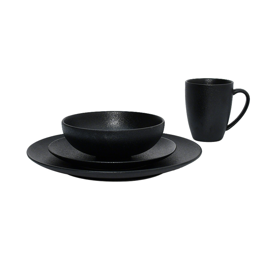 Ceramic black plates bowl dinnerware Set of 4 set de 16 piezas