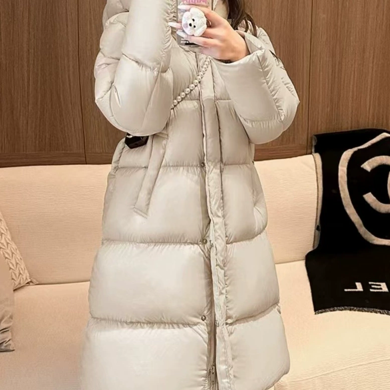 Velvet down jacket, long hat with down, white clothing, duck down, mid-length