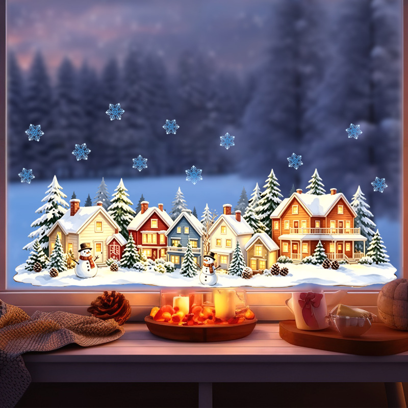Christmas snow scene town electrostatic sticker with warm light snow scene house, snowman, snowflake, balcony, entrance, window decoration Christmas snow scene town electrostatic sticker with warm light snow scene house, snowman, snowflake, balcony, entrance, window decoration